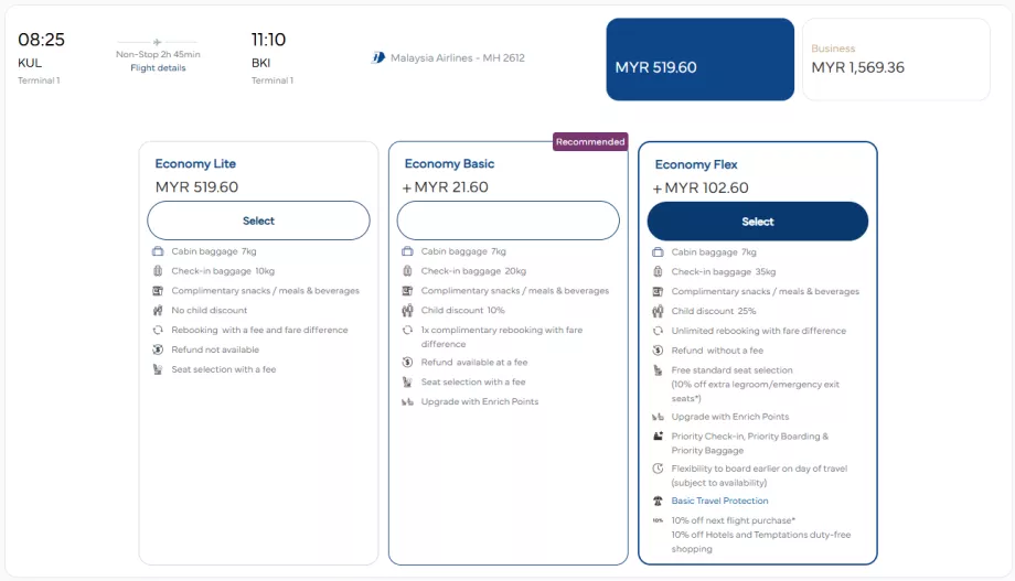 Malaysia Airlines - fare classes