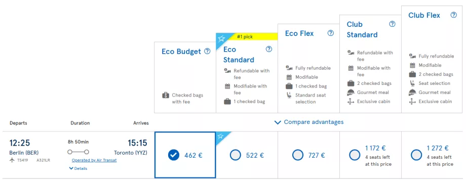 Air Transat fare classes