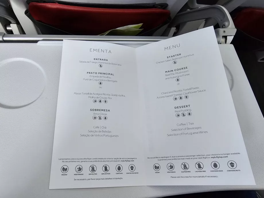 Business class menus in Europe