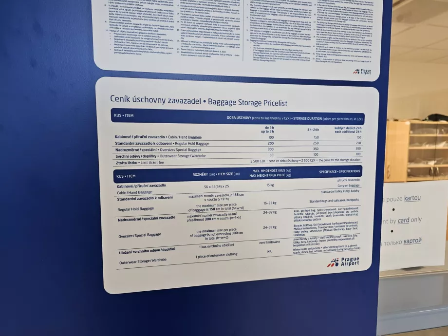 Luggage storage price list