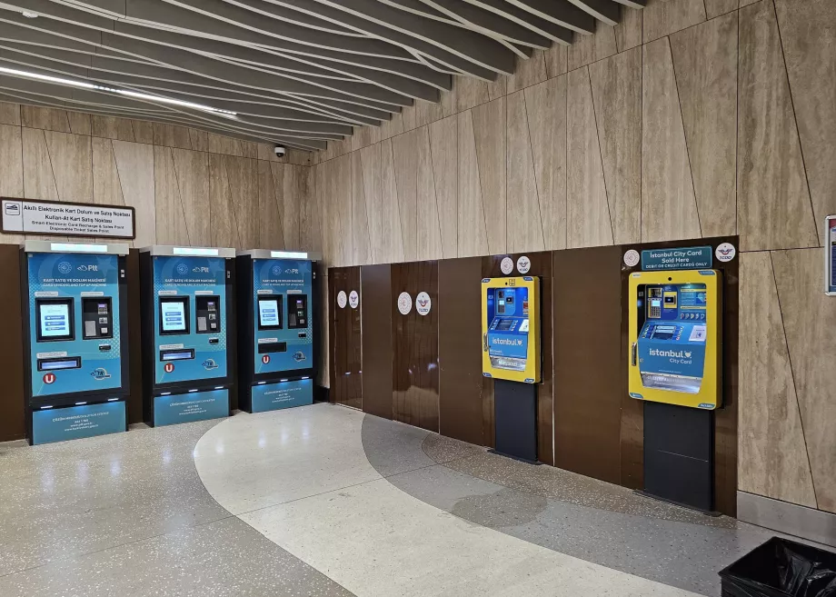 Ticket machines in the metro. Yellow for Istanbulkart, blue for PTT cards