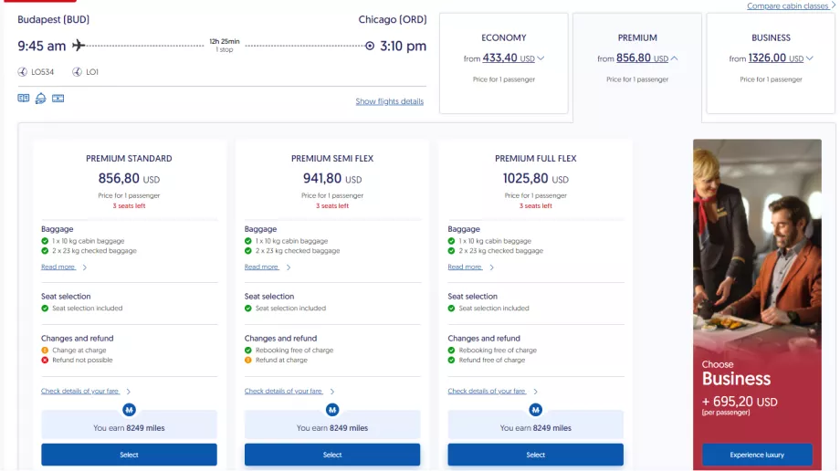 Premium economy class tariffs