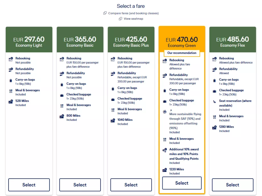 Comparison of economy class tariffs