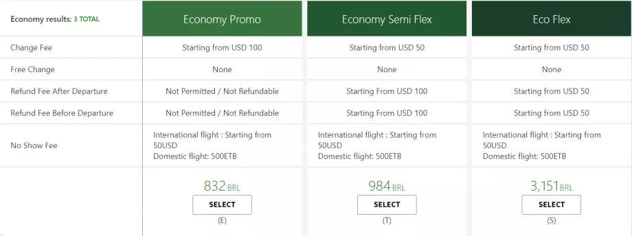 Economy class tariffs