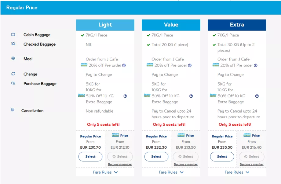 Jazeera Airways fare classes