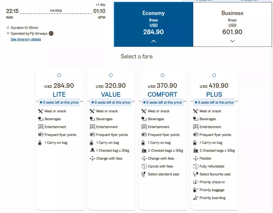 Economy class fares, Fiji Airways