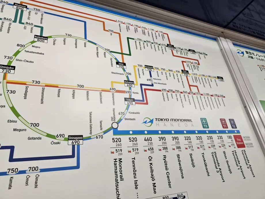 Monorail + JR trains fare map