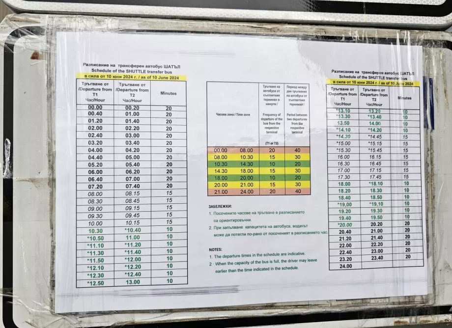 Shuttle bus timetable between terminals