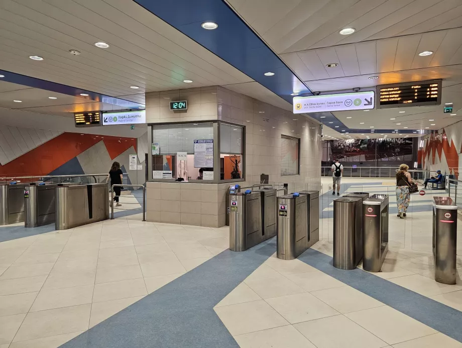 Turnstiles and ticket office for purchase of Sofia City Card, metro