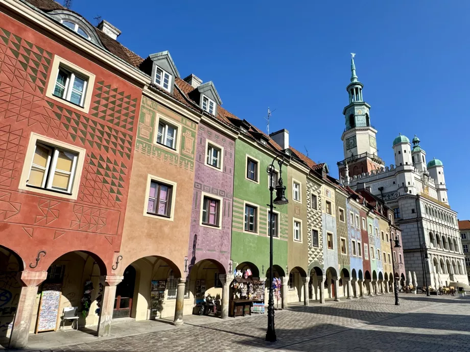 Colourful houses and the Town Hall on the Stary Rynek in Poznan