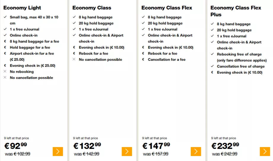 Economy class tariffs