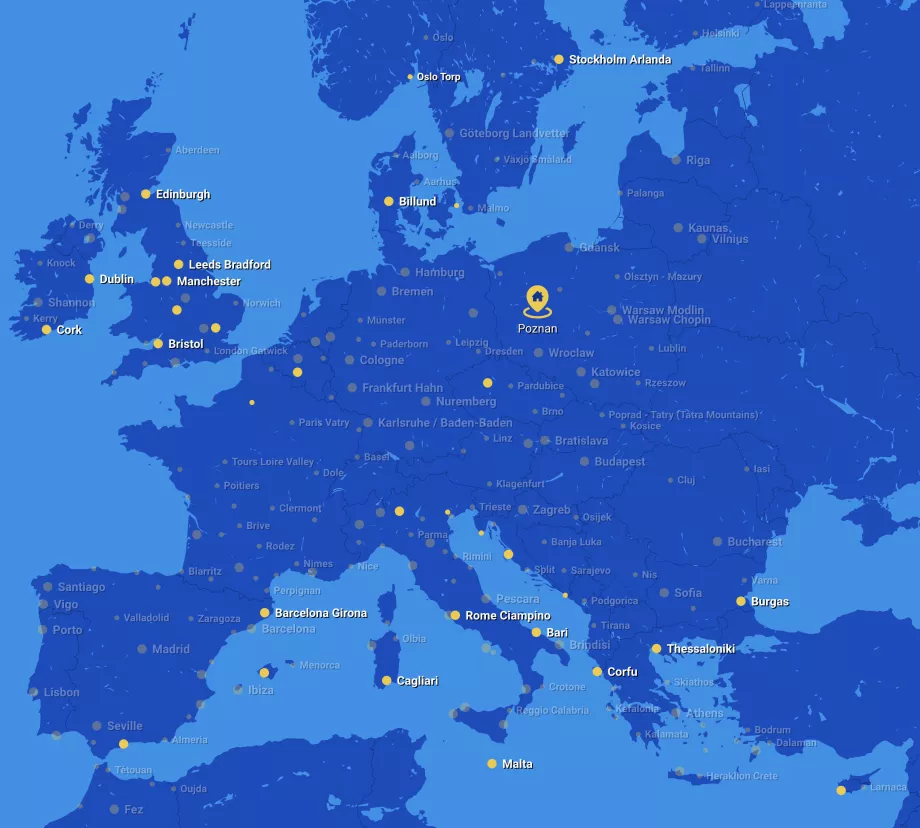 Ryanair route map from Poznan airport POZ