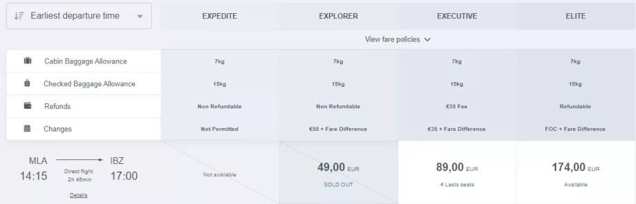 Examples of Universal Air fare classes - screenshot from the website