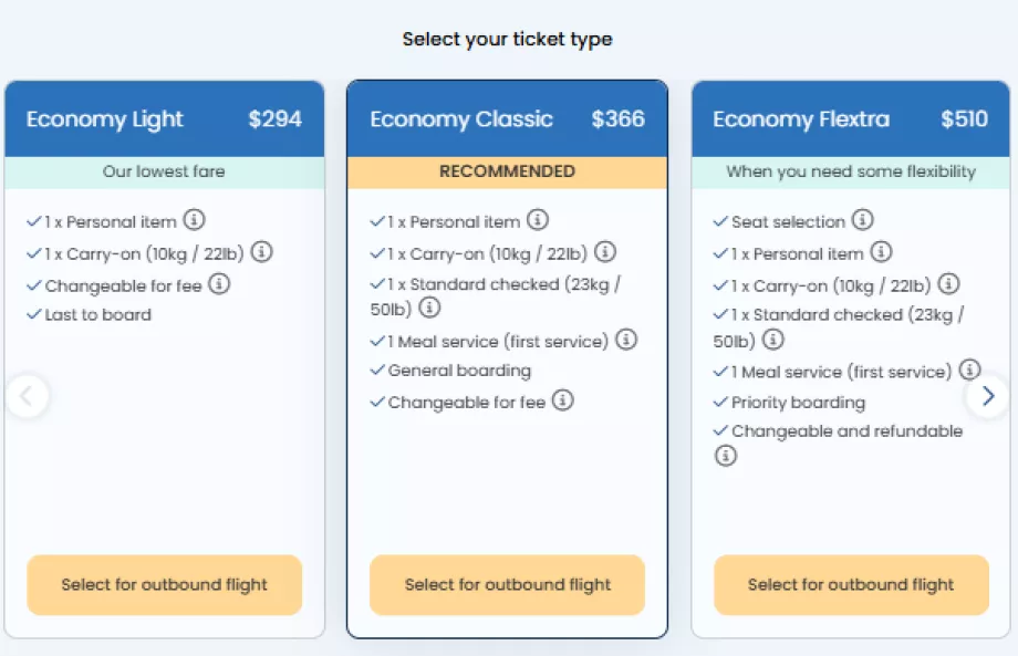 Examples of economy class tariffs